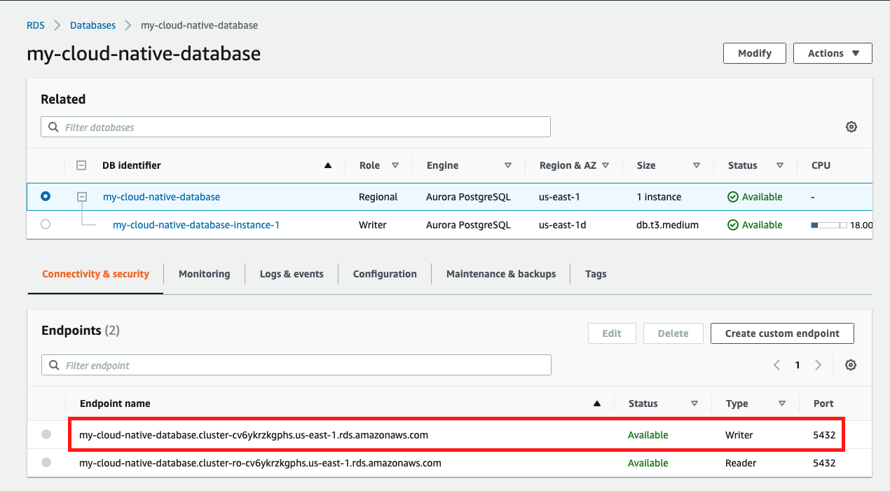 Save the value for your &quot;Writer&quot; endpoint because you need it in the next module