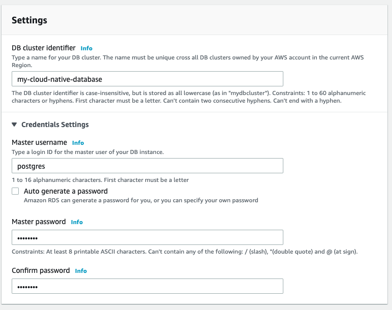 Give your database a name and set the master username and password