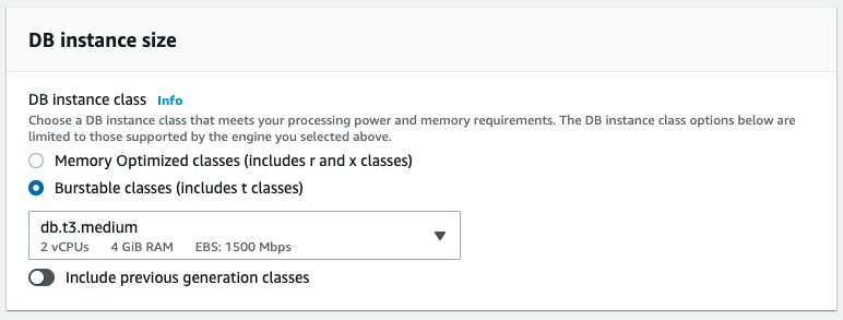 Choose the db.t3.medium instance class for your instance