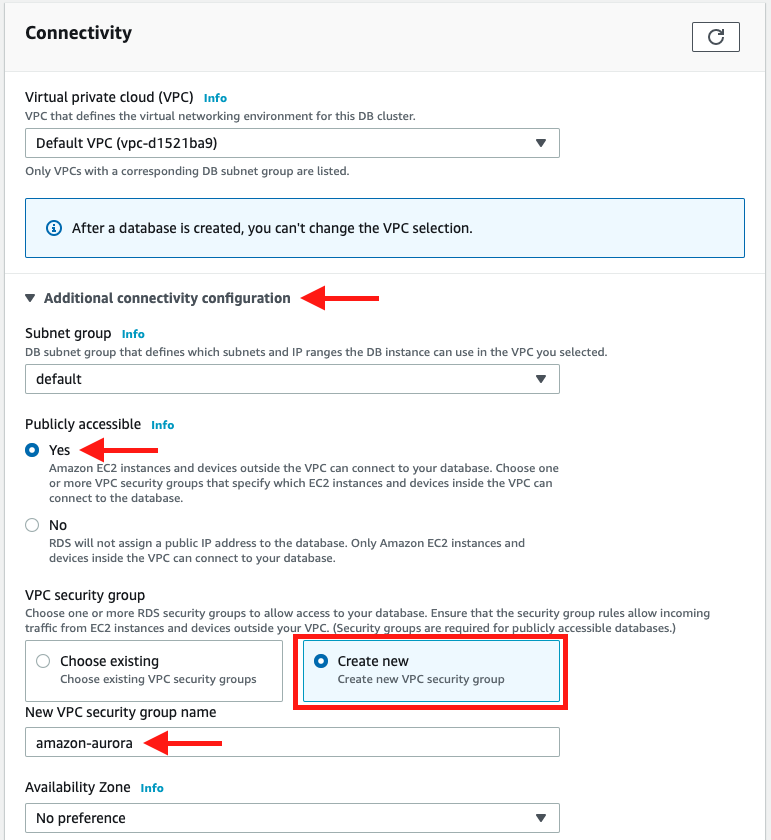 Specify the Amazon VPC, network subnet, and security groups