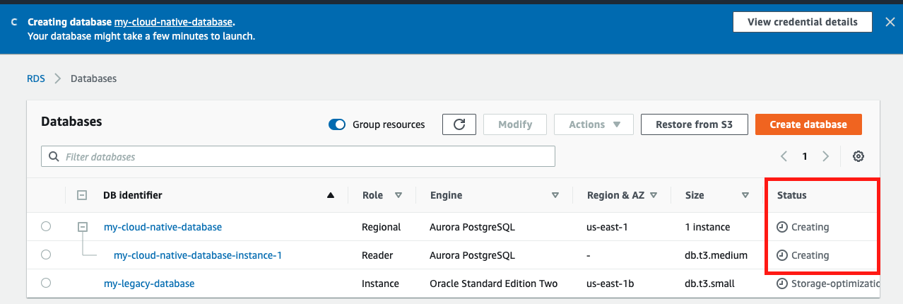 As Amazon RDS is provisioning your infrastructure and initializing your database, the &quot;Status&quot; of your database is &quot;Creating&quot;