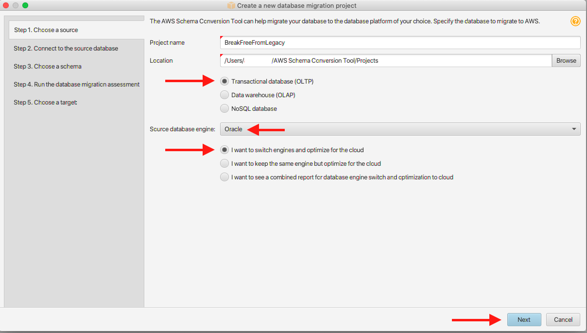 Give your project a name and indicate that you're migrating a &quot;Transactional database (OLTP)&quot; and then choose &quot;Oracle&quot; as the &quot;Source database engine&quot;