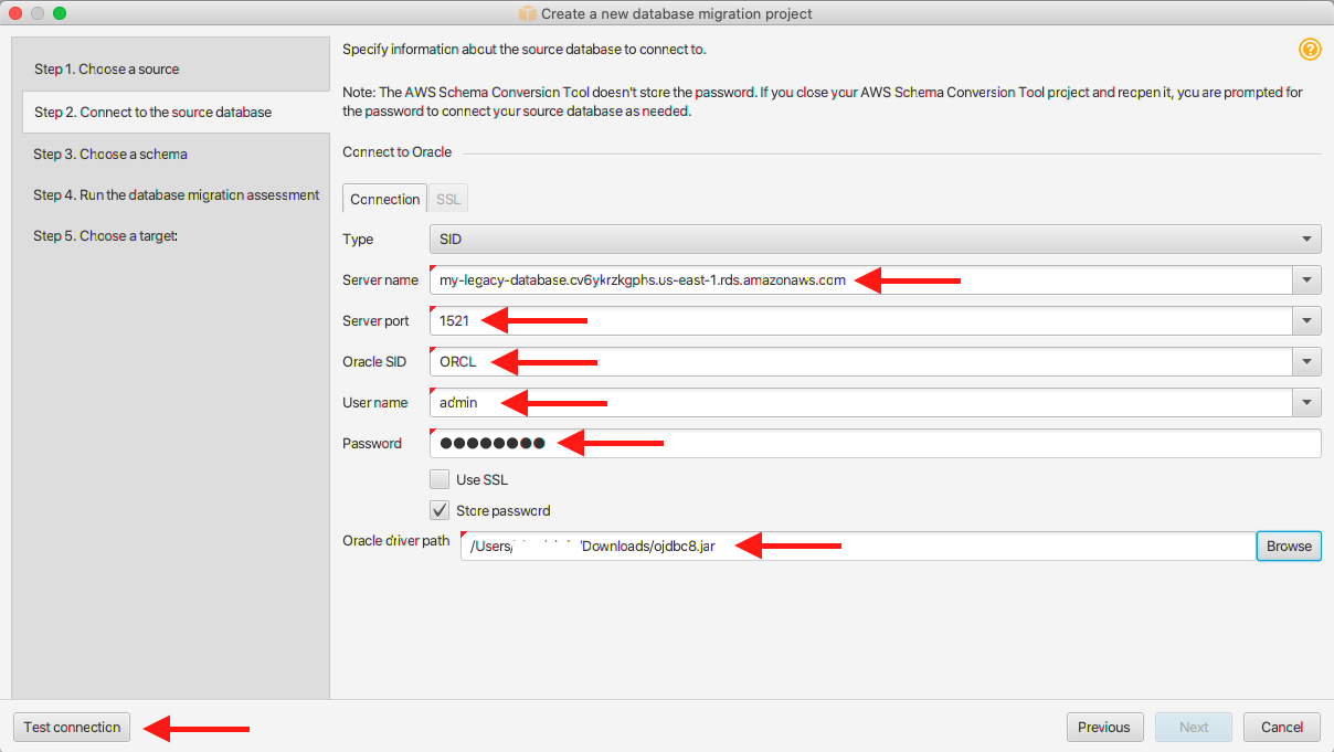 Enter the connection details for your source Oracle database