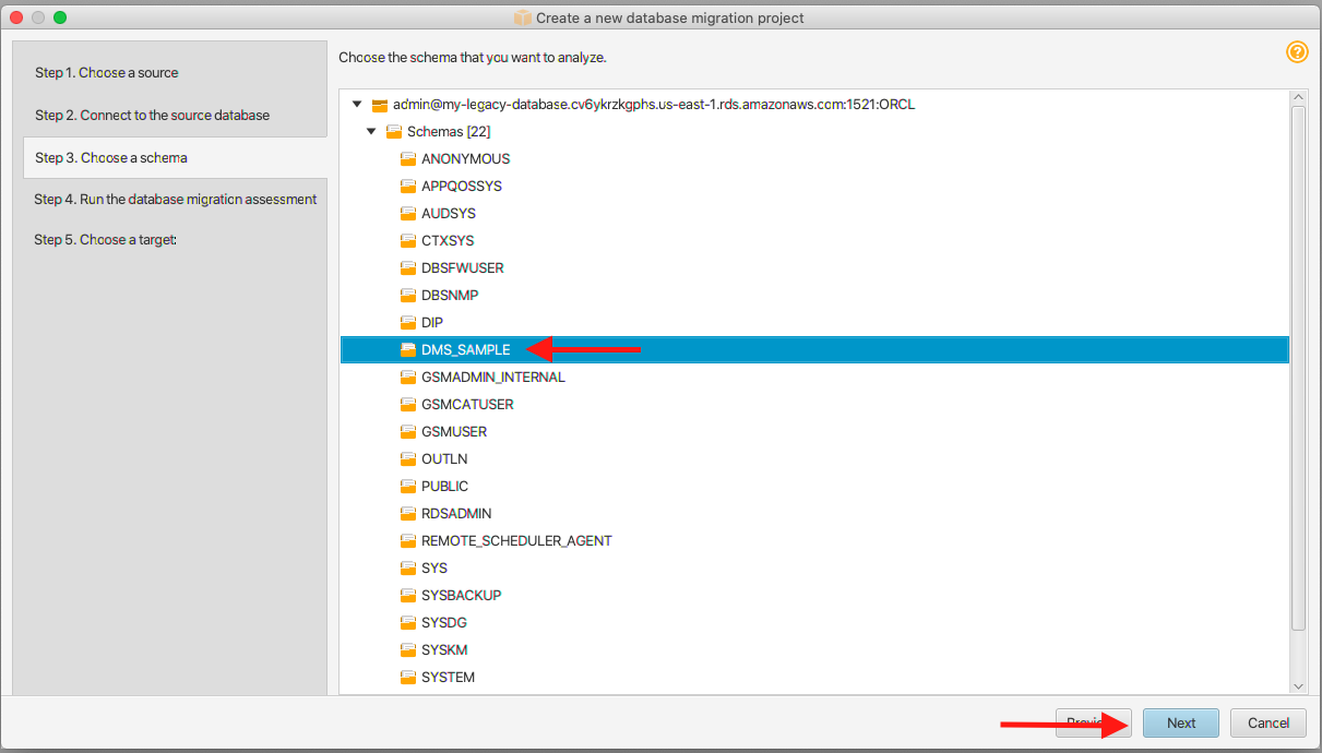 Choose &quot;DMS_SAMPLE&quot; and then choose &quot;Next&quot;