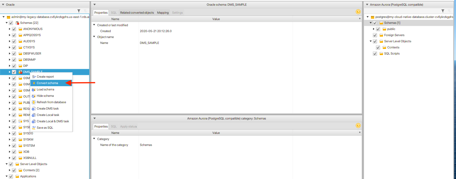 Right-click the &quot;DMS_SAMPLE&quot; schema on the left side and choose &quot;Convert schema&quot;