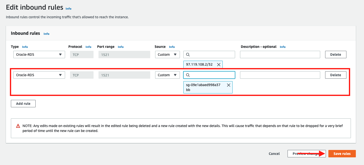 Choose &quot;Save rules&quot; to save the updated rules for your security group