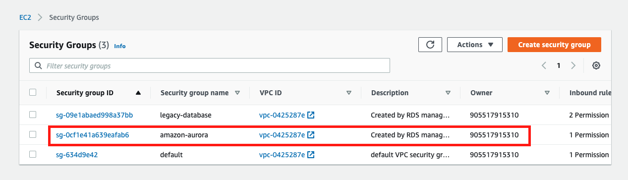 Find the security group you attached to your Aurora database instance and choose it