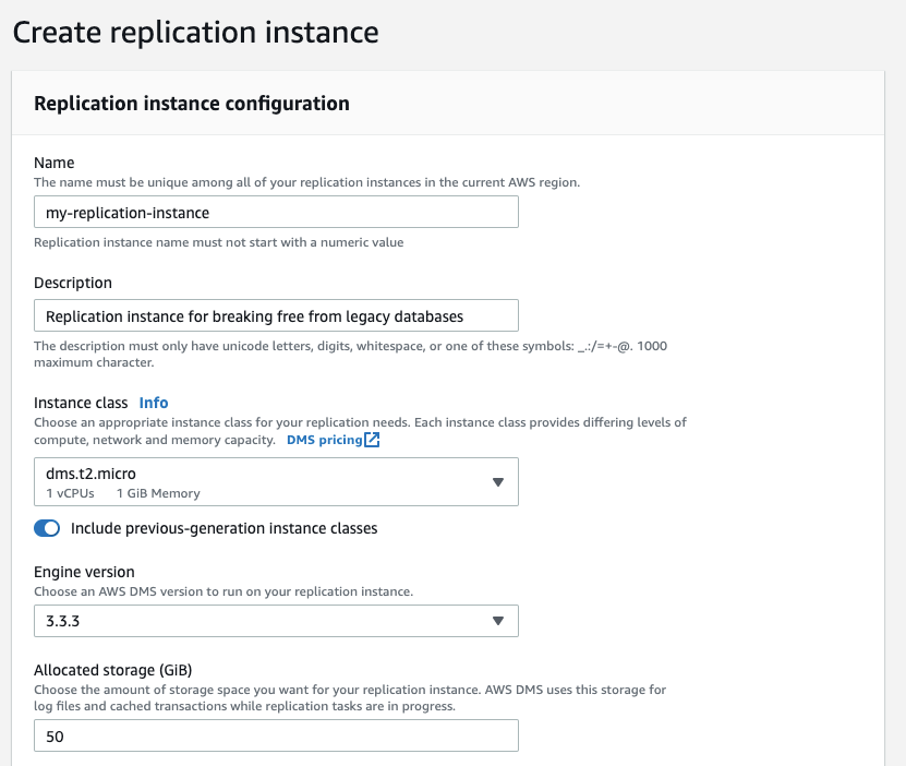 Give your replication instance a name and description, and then choose your instance class