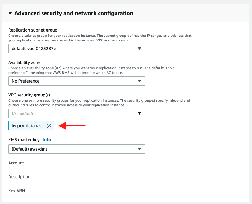 For the &quot;VPC security group(s)&quot; configuration, choose the same security group that you attached to your Oracle database