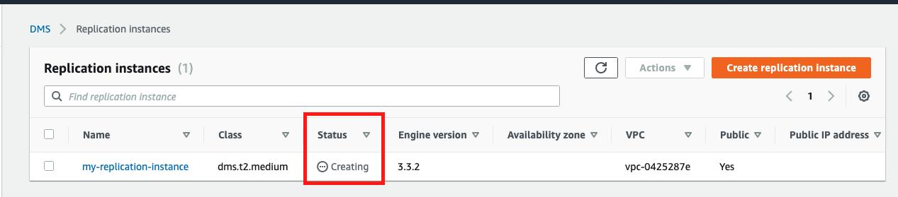 AWS provisions your replication instance and shows a &quot;Status&quot; of &quot;Creating&quot; while AWS provisions and initializes your instance