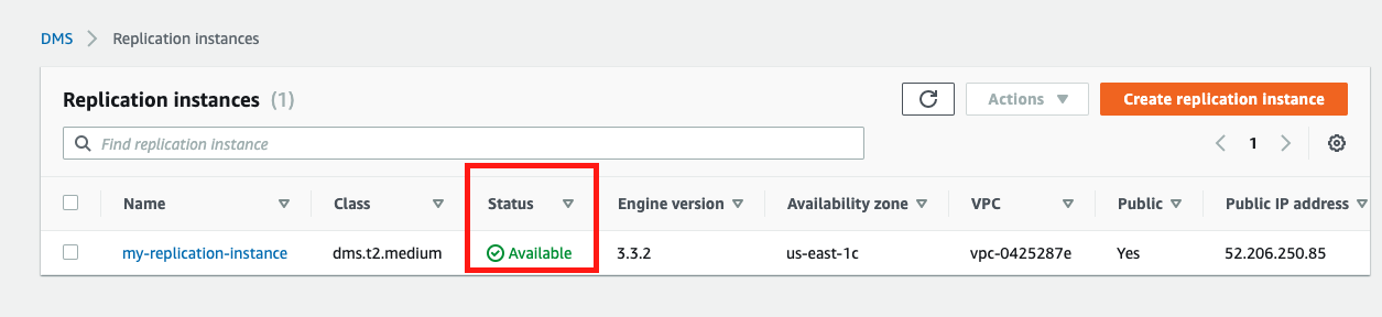 When your replication instance is ready, its &quot;Status&quot; is &quot;Available&quot;