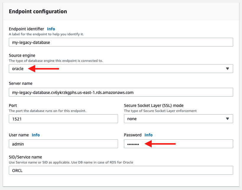 In the &quot;Endpoint configuration&quot; section, choose the &quot;Source engine&quot; of &quot;oracle&quot;