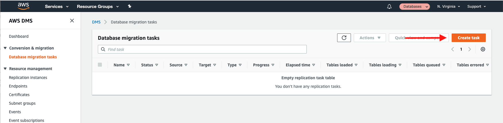 Choose &quot;Create task&quot; to create a new replication task