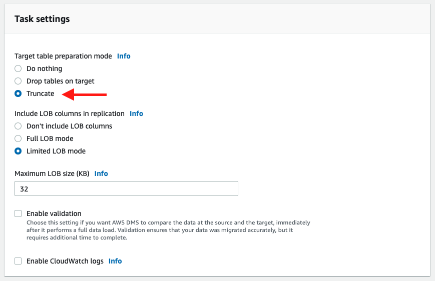 In the &quot;Task settings&quot; section, there is a setting called &quot;Target table preparation mode&quot;--choose &quot;Truncate&quot;