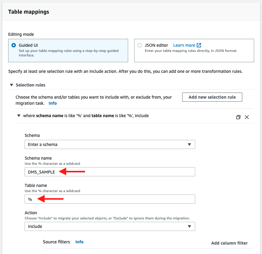 Tell AWS DMS which tables you want to copy over and how to map them to your target database