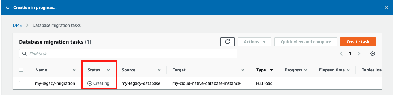 The replication task is shown in the &quot;Database migration tasks&quot; section with a &quot;Status&quot; of &quot;Creating&quot;