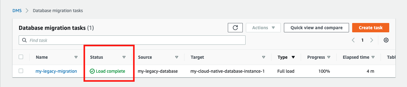 After the replication task is created and the load finishes, the &quot;Status&quot; is &quot;Load complete&quot;