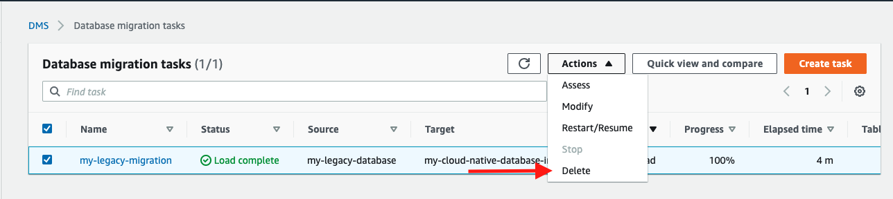 Stop and delete the database migration task to replicate your data