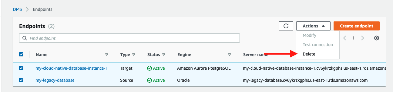 Choose both your source endpoint and your target endpoint, and then choose &quot;Delete&quot;