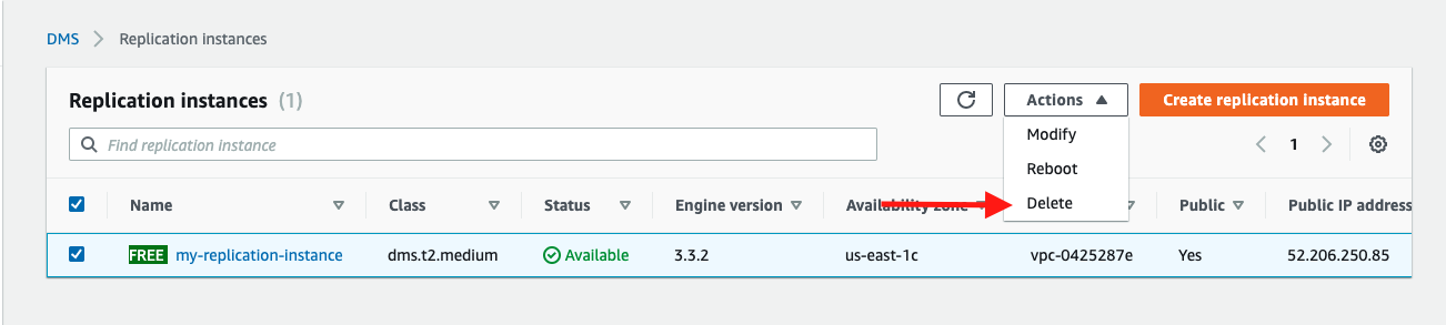 If your replication instance is not being used for any other replication tasks, choose it and then choose &quot;Delete&quot;