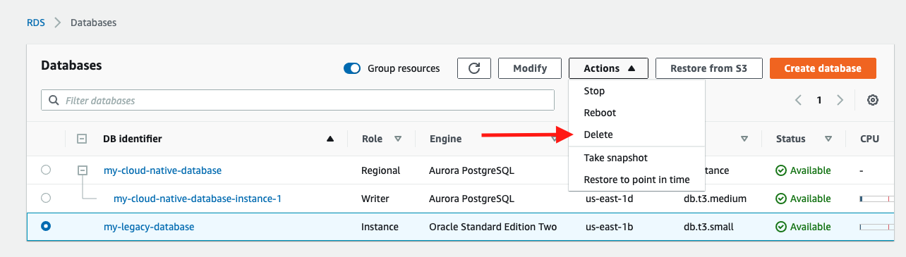 Navigate to the Amazon RDS console, choose your Oracle database, and then choose &quot;Delete&quot;