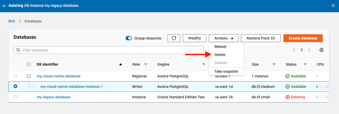 Choose the &quot;Writer&quot; instance of your Aurora database cluster and then choose &quot;Delete&quot;