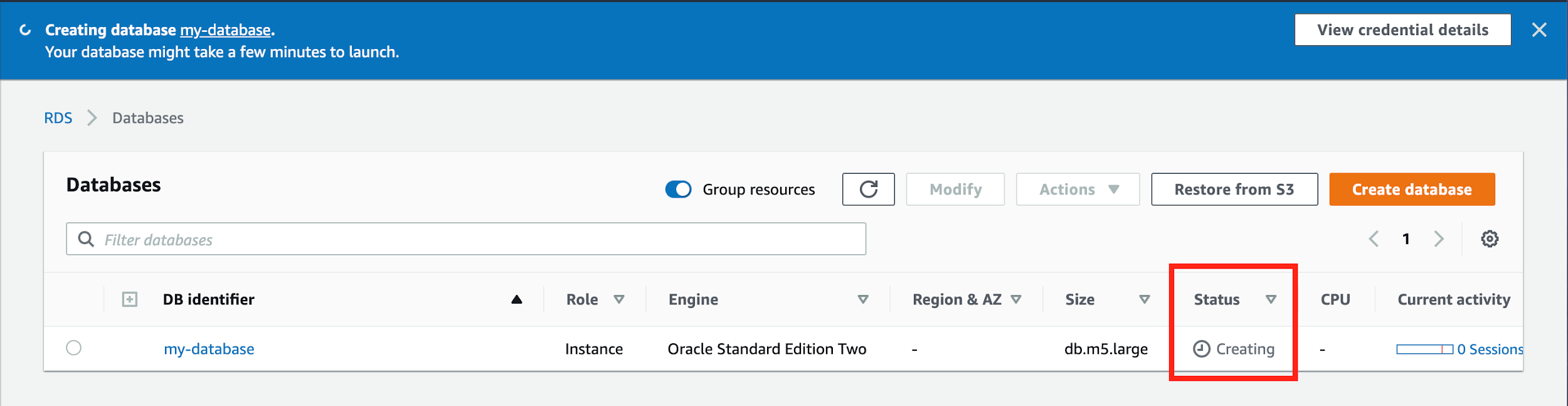 As Amazon RDS is provisioning your infrastructure, the &quot;Status&quot; of your database is &quot;Creating&quot;