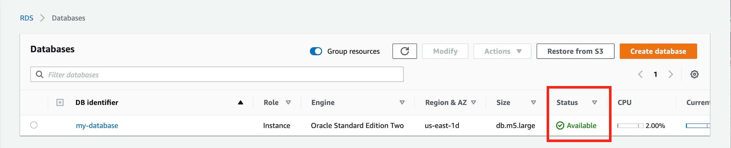 When your database is ready to use, its &quot;Status&quot; is &quot;Available&quot;