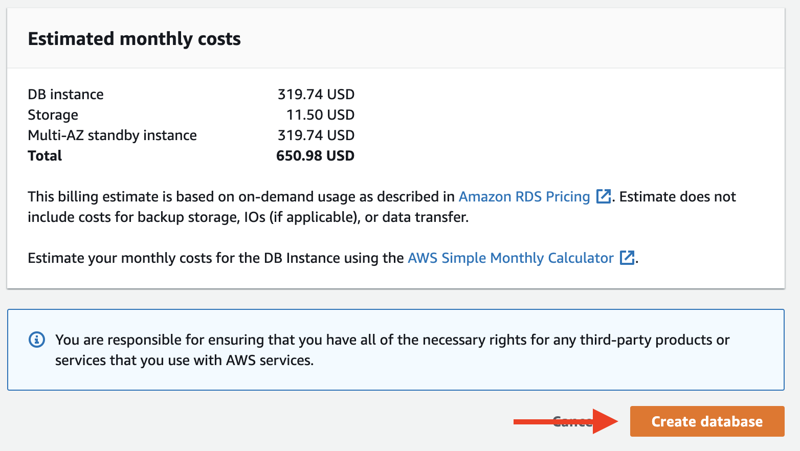 Choose &quot;Create database&quot; to create your database instance