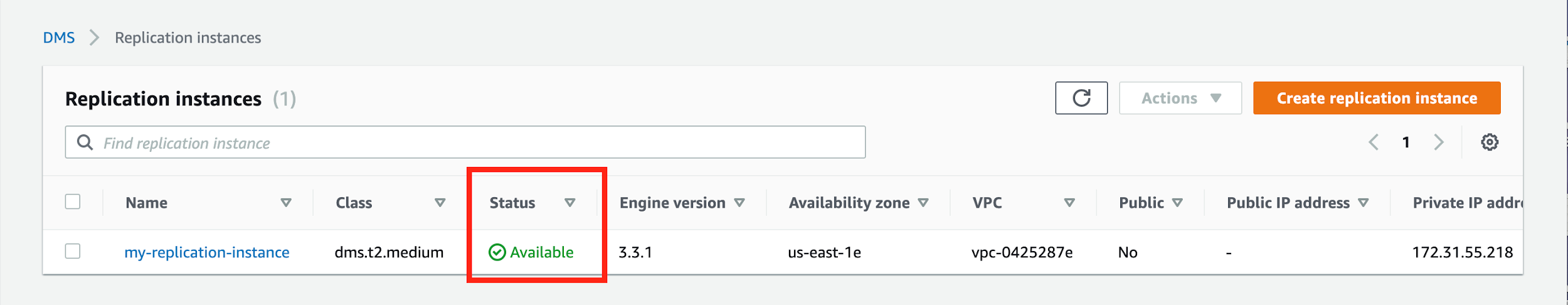 When your replication instance is ready to go, its &quot;Status&quot; is &quot;Available&quot;