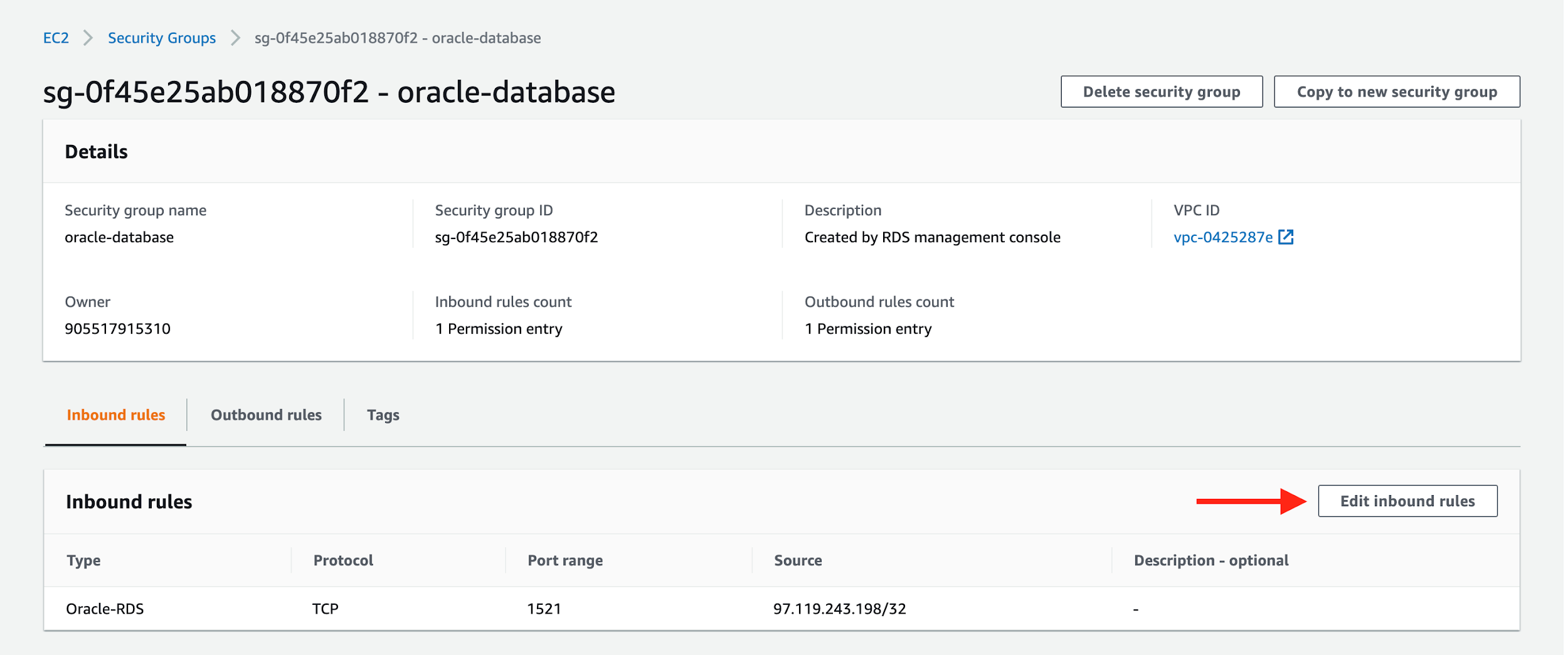 Choose &quot;Edit inbound rules&quot; for your security group