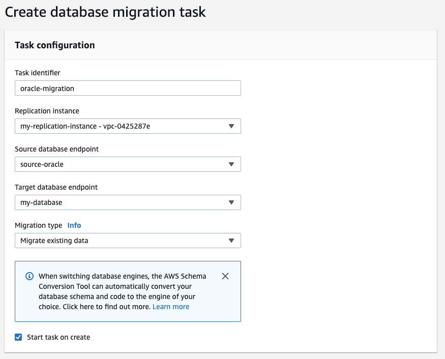 In the &quot;Task configuration&quot; section, set up the parameters of your replication task