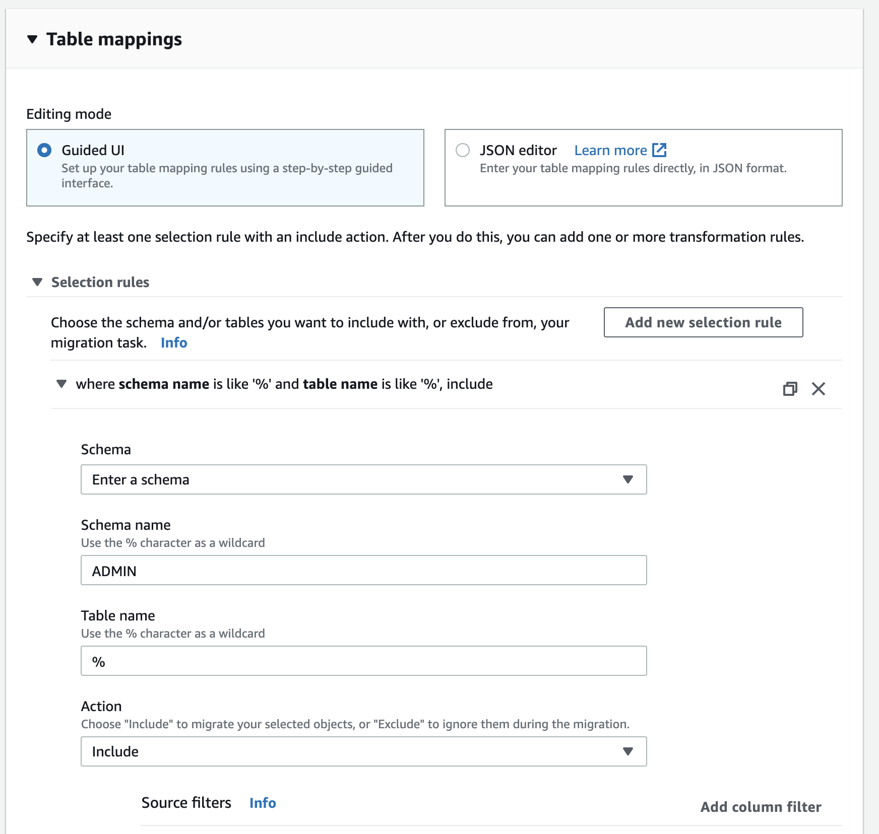 In the &quot;Table mappings&quot; section, tell AWS DMS which tables to copy