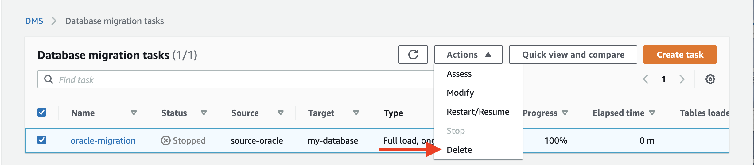 Delete the database migration task