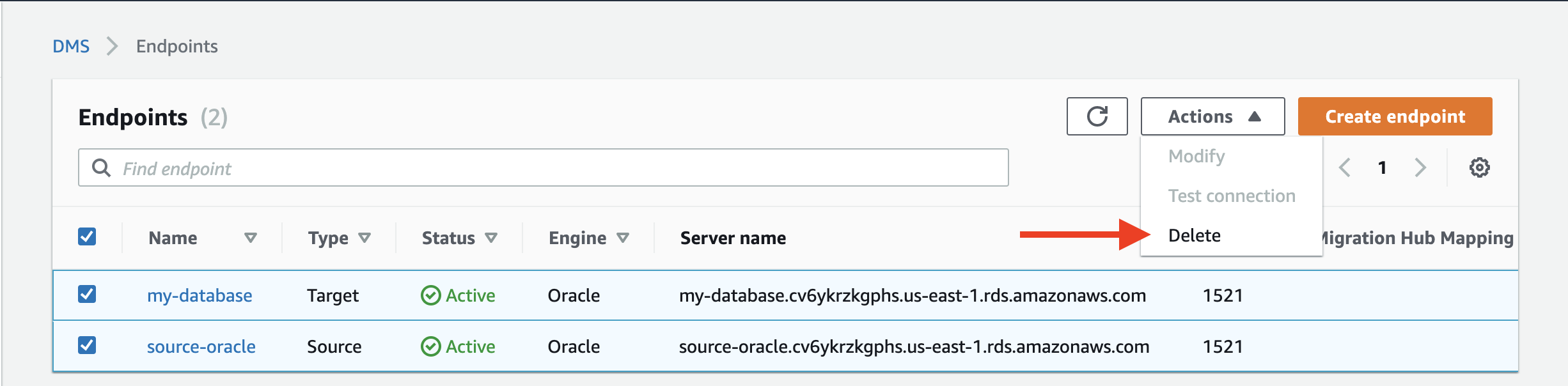 Choose both your source endpoint and your target endpoint, and then choose &quot;Delete&quot;