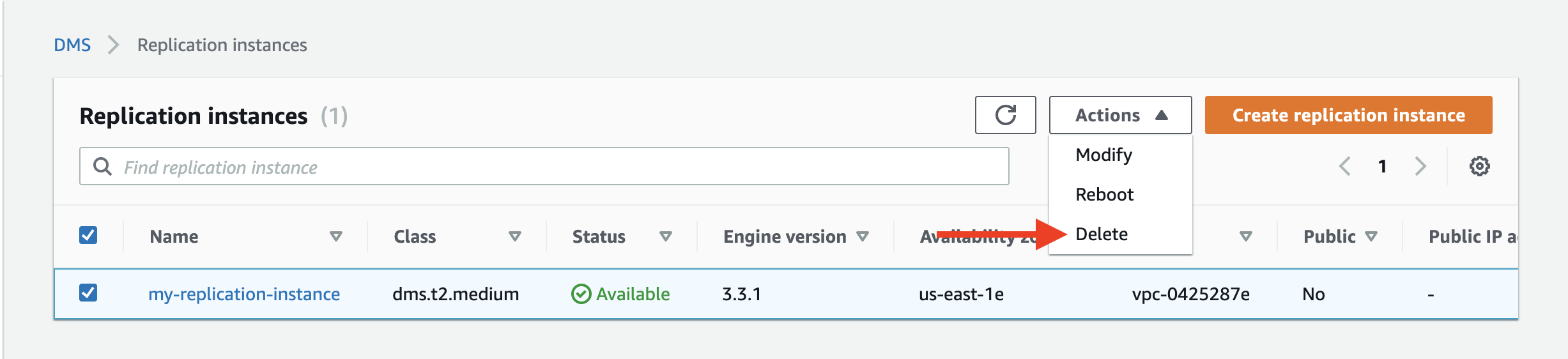 If your replication instance is not being used for any other replication tasks, choose it and then choose &quot;Delete&quot;