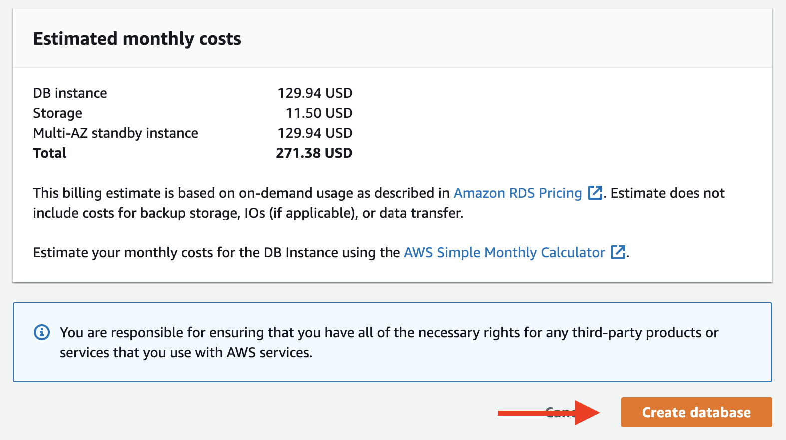 Choose &quot;Create database&quot; to create your database instance