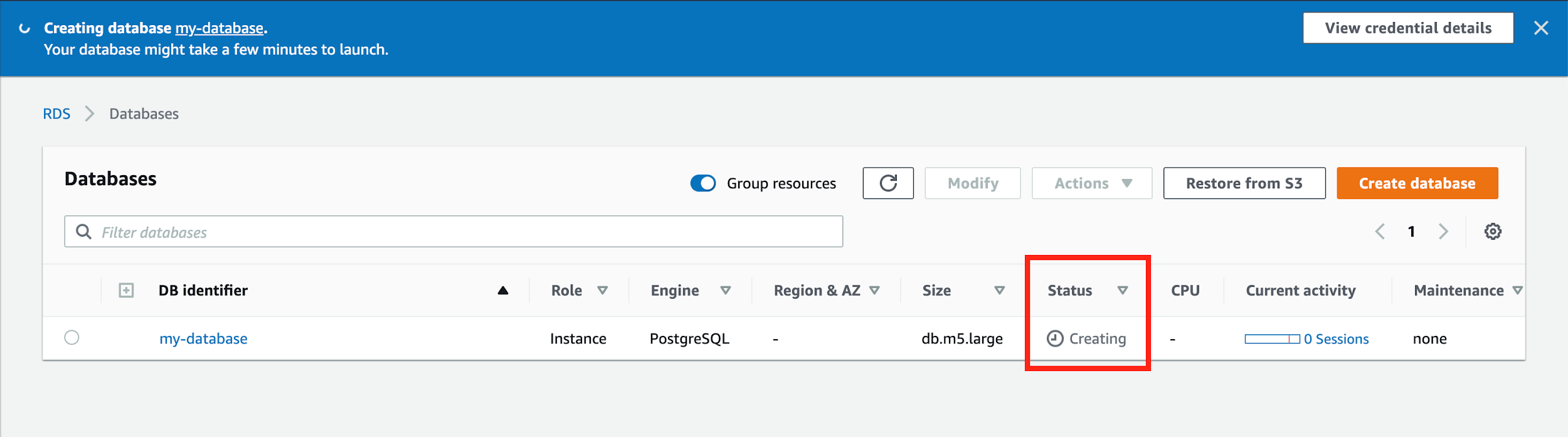 As Amazon RDS is provisioning your infrastructure, the &quot;Status&quot; of your database is &quot;Creating&quot;