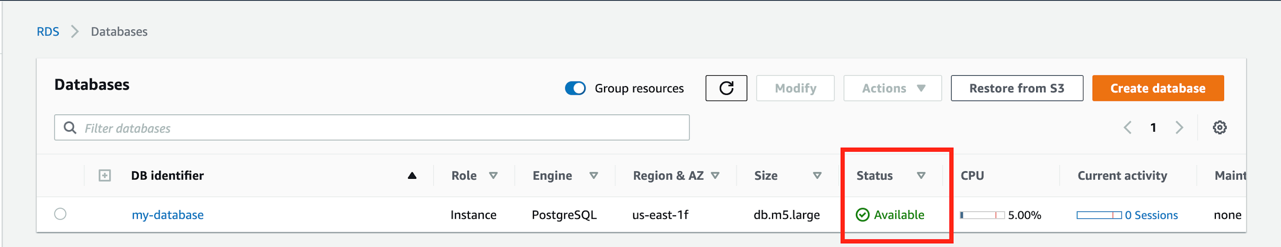 When your database is ready to use, its &quot;Status&quot; is &quot;Available&quot;