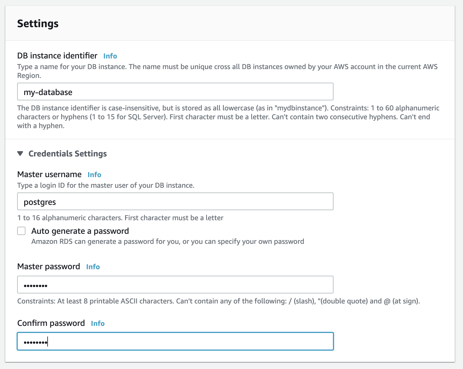 Give your database a name, and set the master username and password