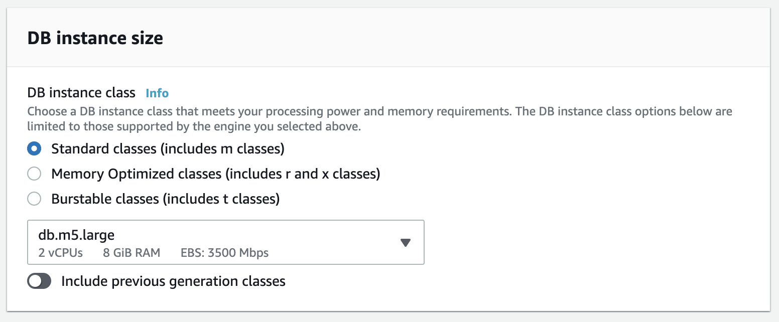 Choose the database instance size