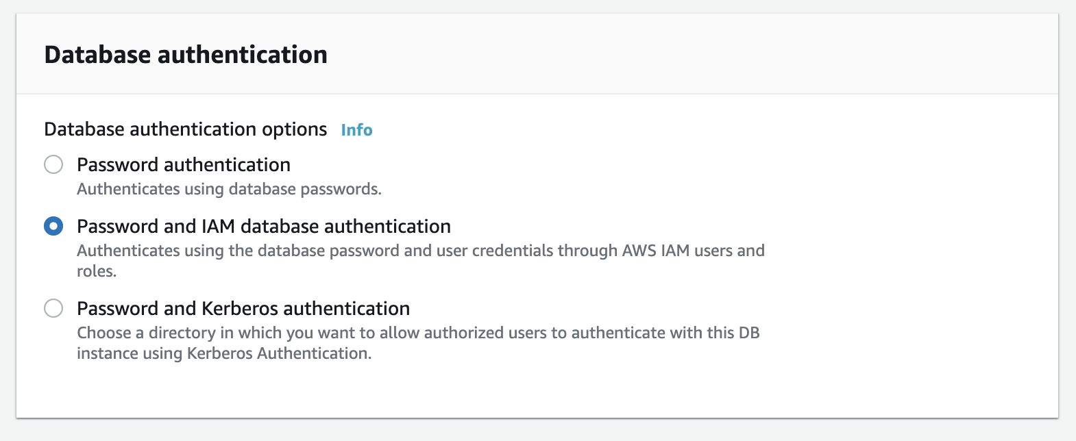 Choose the database authentication methods to allow in your database