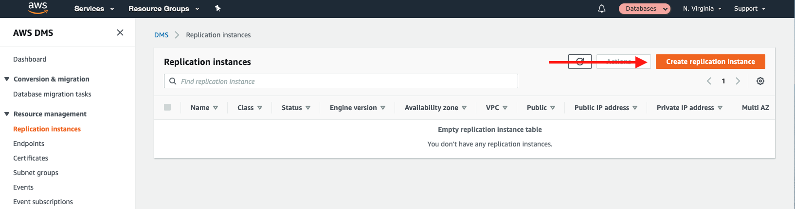 Choose &quot;Create replication instance&quot; to begin the replication instance creation wizard