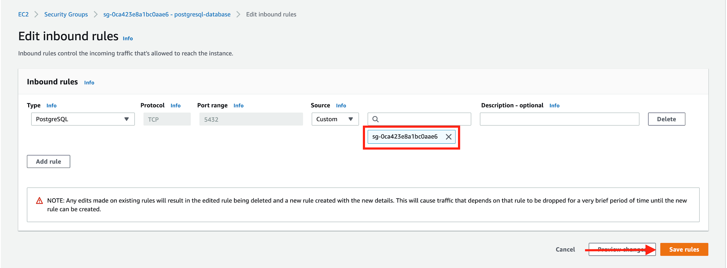 Remove the existing IP address and enter the name of the security group used for your Amazon RDS database instance and replication instance