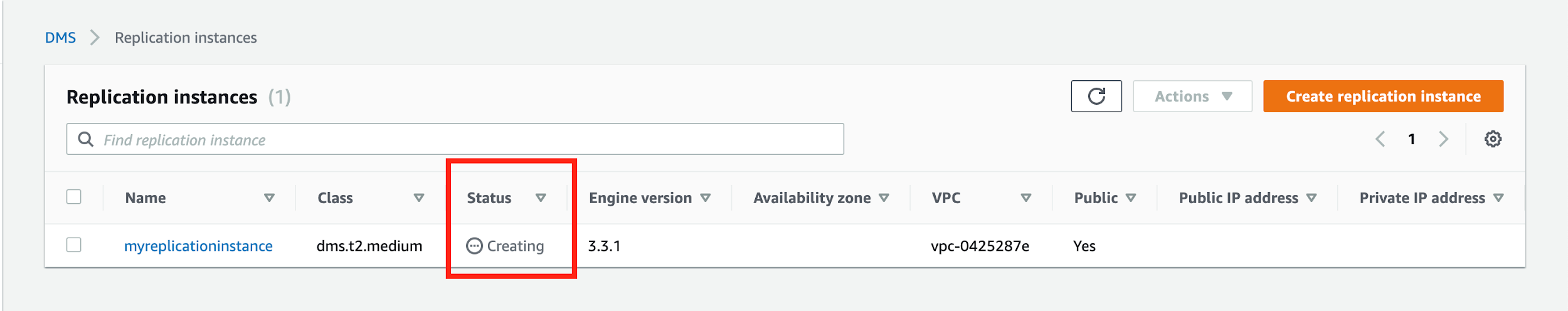 Your replication instance shows a &quot;Status&quot; of &quot;Creating&quot; while AWS provisions and initializes it