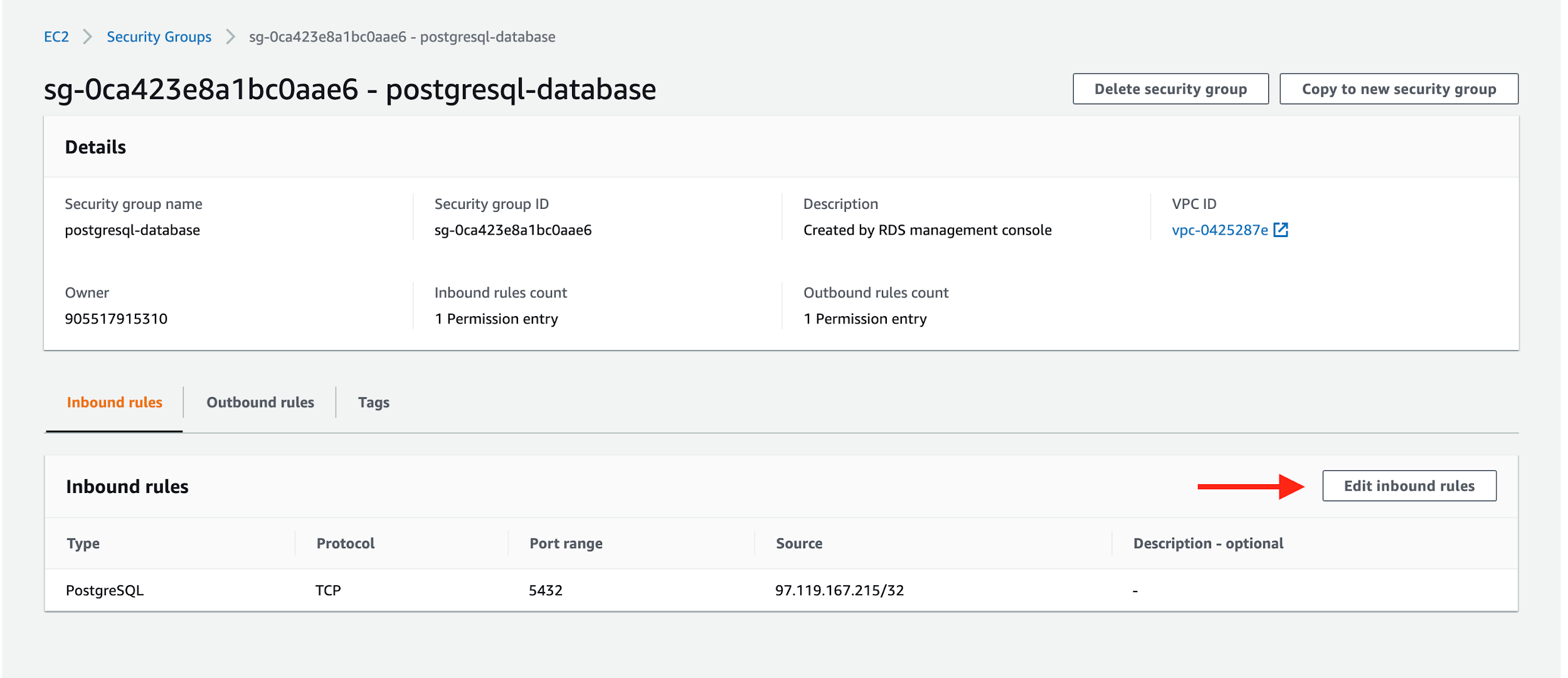 Choose &quot;Edit inbound rules&quot; for your security group