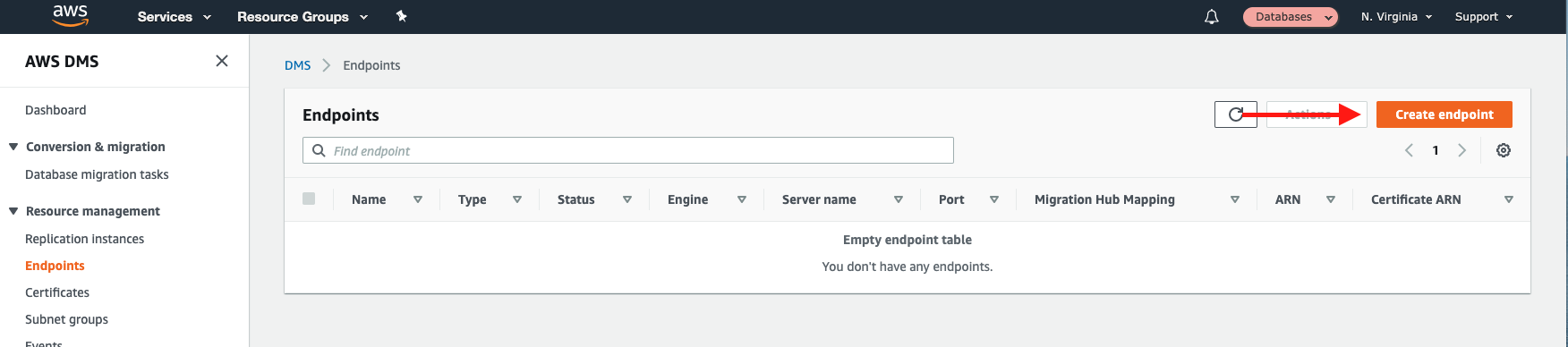 Choose &quot;Create endpoint&quot; to create a new endpoint