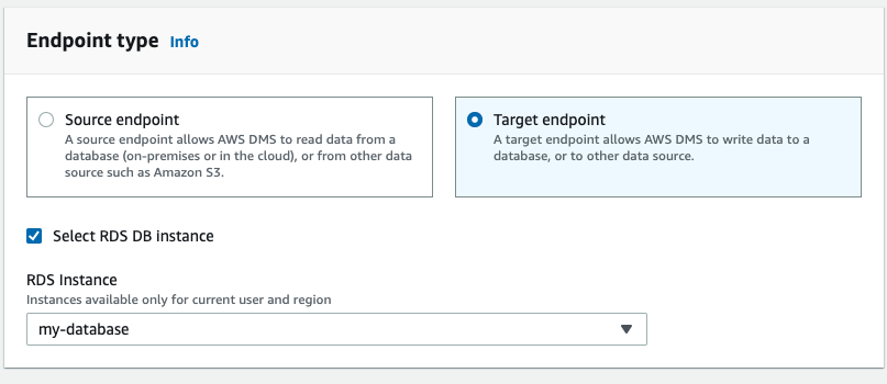 Choose to create a &quot;Target endpoint&quot;