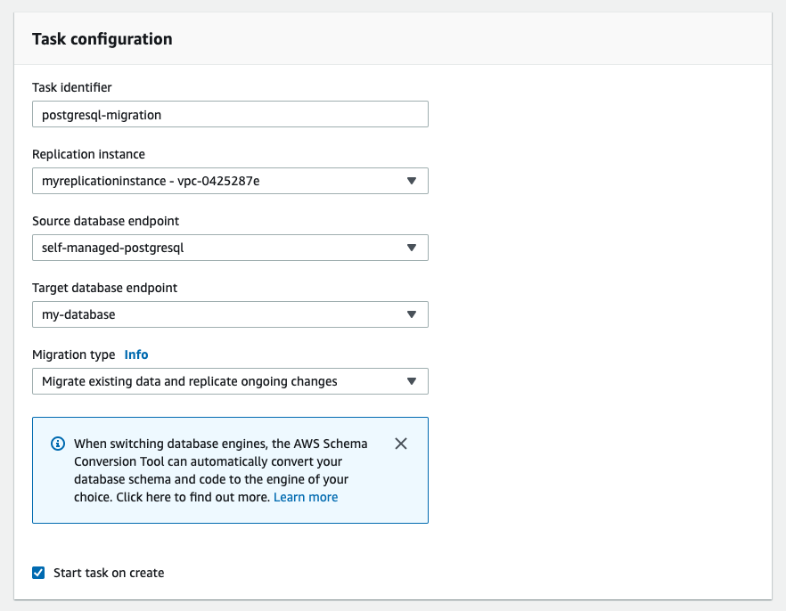 In the &quot;Task configuration&quot; section, set up the parameters of your replication task