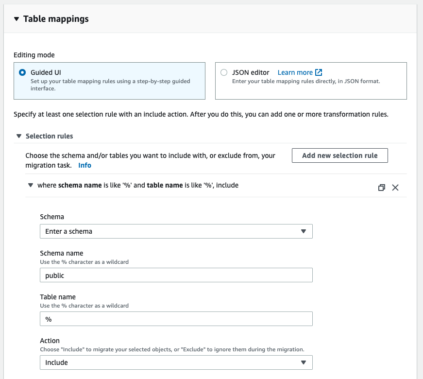 In the &quot;Table mappings&quot; section, tell AWS DMS which tables to copy